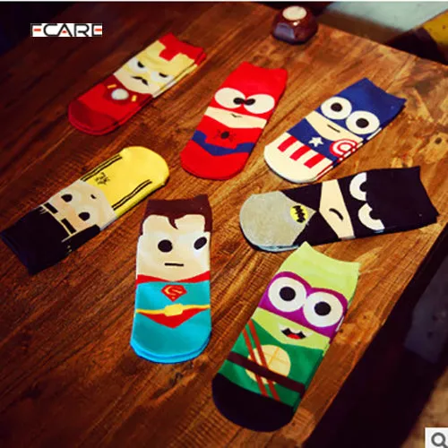 14PCS=7pairs 42, 43, 44 MARVEL Iron Batman Superman SpiderMan Captain America cartoon ankle funny socks calcetines  chaussette