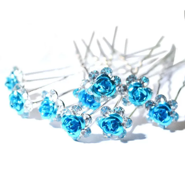 20Pc/Lot Fashion Women Bridal Wedding Crystal Diamante Rose Flower Hair Pins Clips Hair Stick Accessories Barrettes