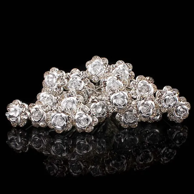 20Pc/Lot Fashion Women Bridal Wedding Crystal Diamante Rose Flower Hair Pins Clips Hair Stick Accessories Barrettes