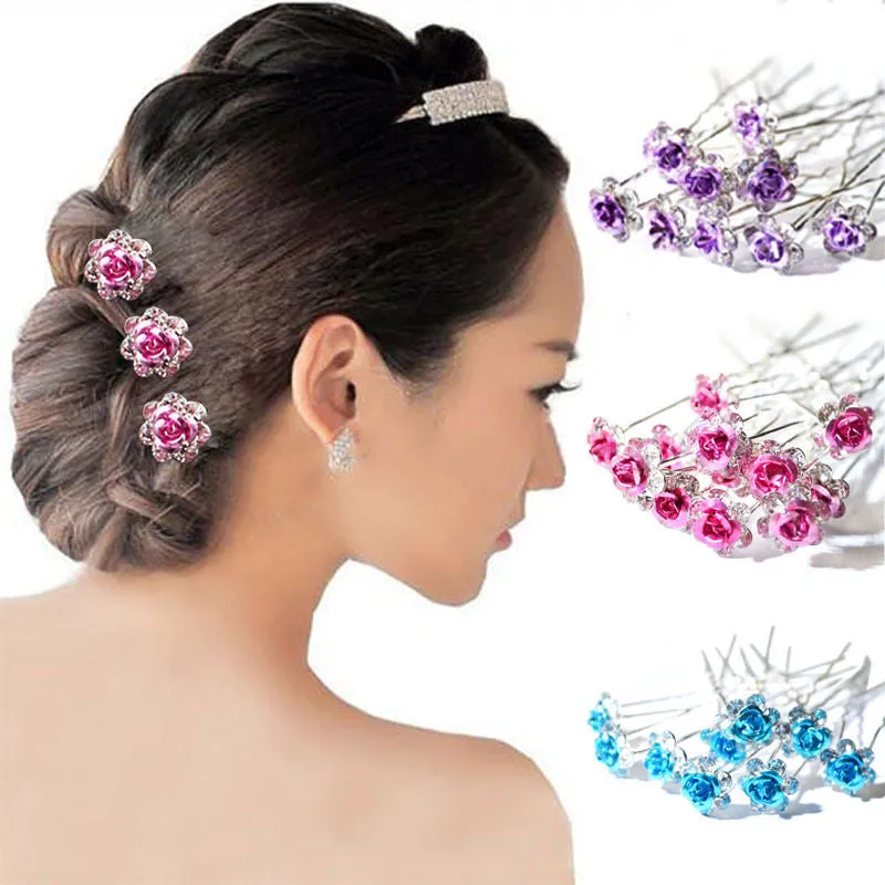 20Pc/Lot Fashion Women Bridal Wedding Crystal Diamante Rose Flower Hair Pins Clips Hair Stick Accessories Barrettes