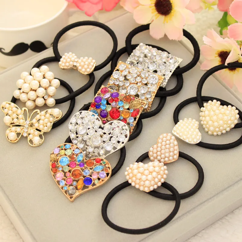 3 piece/lot Crystal Imitation Pearl Beads Heart Bow Elastic Hair Band Rubber Hair Clip for Women Girl Headwear Hair Accessories