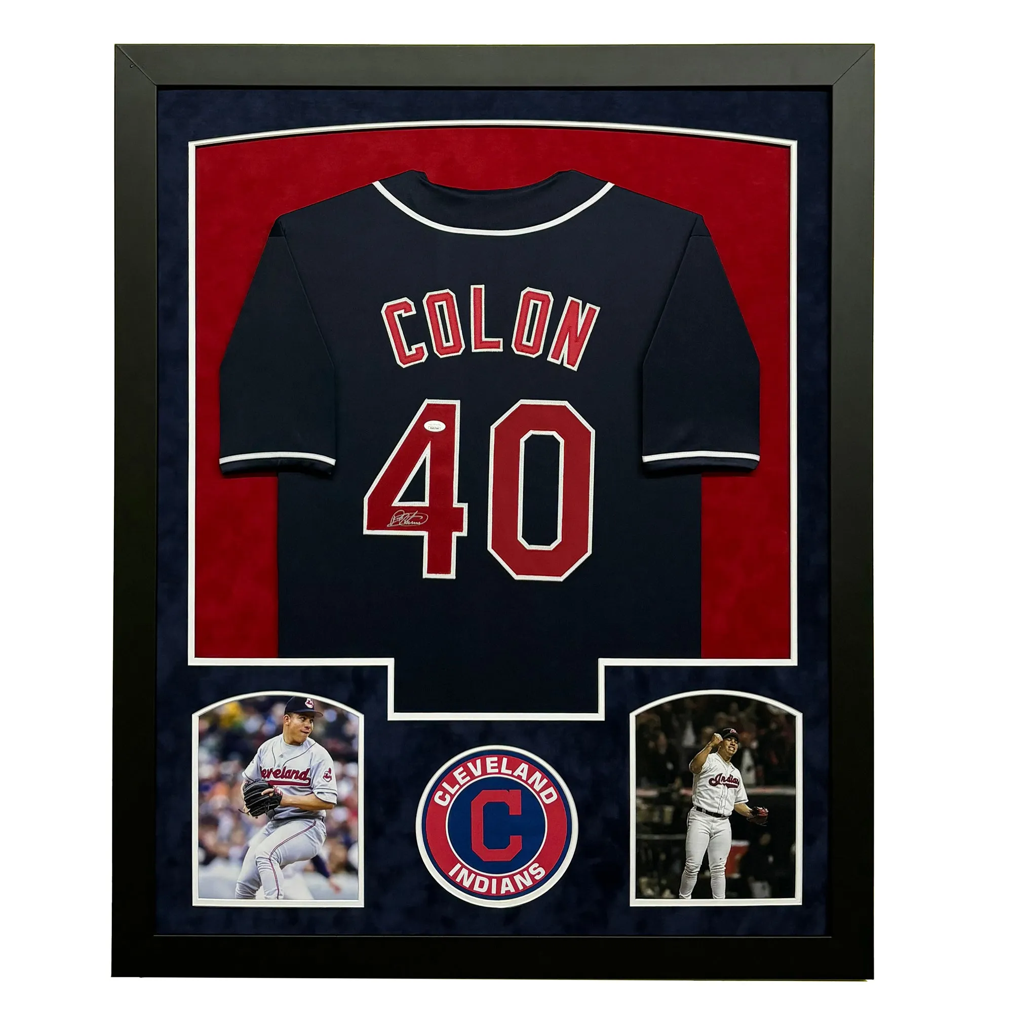 Bartolo Colon Signed Cleveland Blue Custom Suede Matte Framed Baseball Jersey