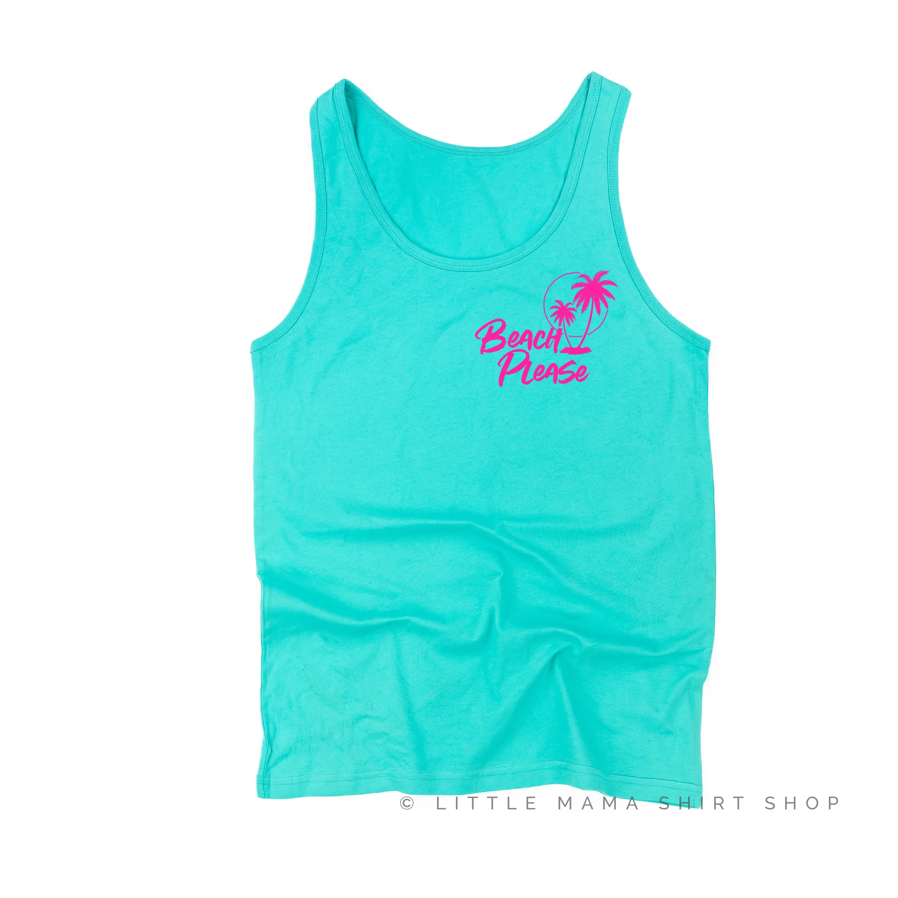 BEACH PLEASE POCKET DESIGN FRONT / 2 PALM TREES BACK - Unisex Jersey Tank