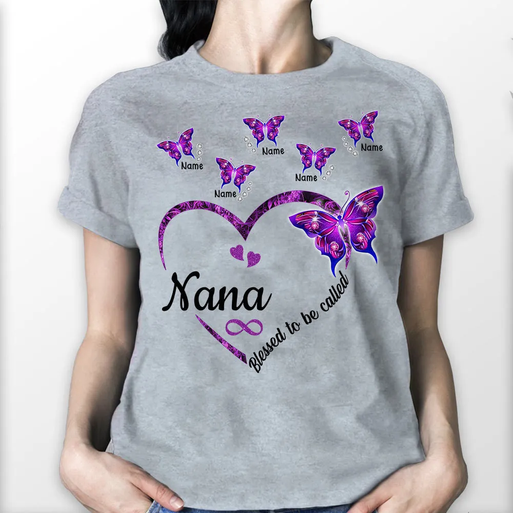 Blessed To Be Called Nana Heart Violet Butterflies Personalized Shirt For Grandma