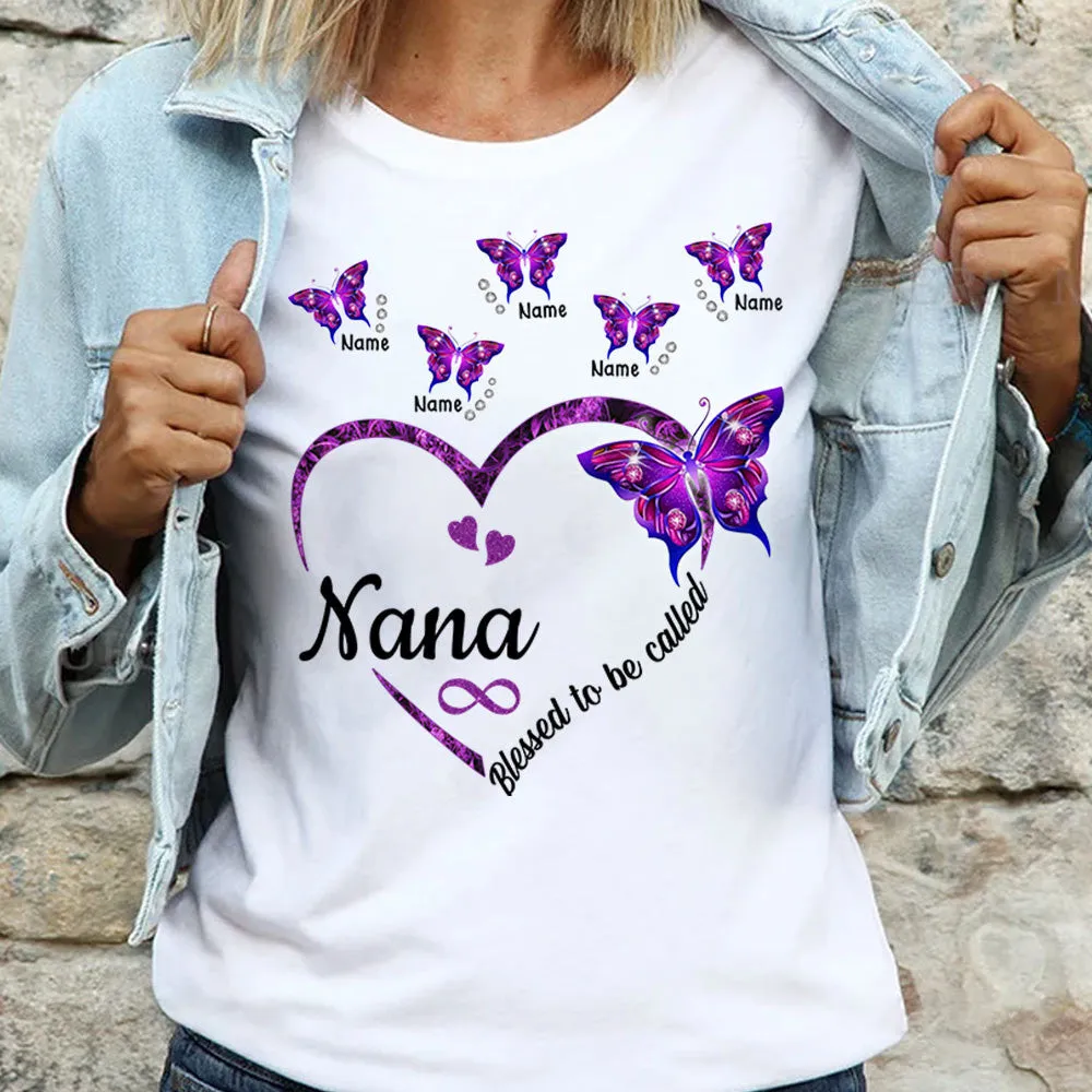 Blessed To Be Called Nana Heart Violet Butterflies Personalized Shirt For Grandma