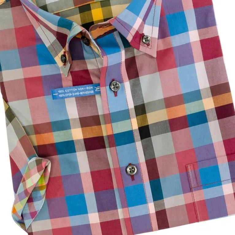 Cotton Multi Red Plaid Short Sleeve Button Down Sport Shirts