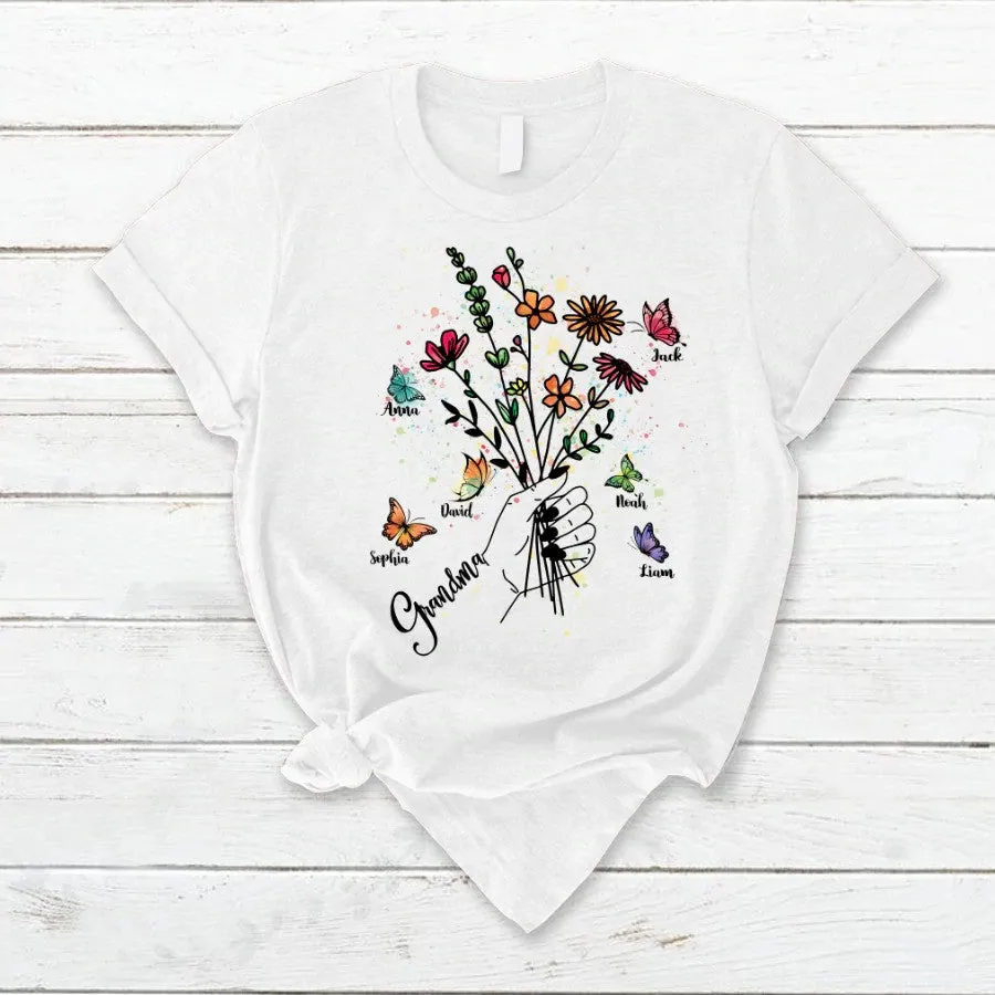 Customized Grandma Hands Holding Flower And Kids, Grandma's Gift T Shirt