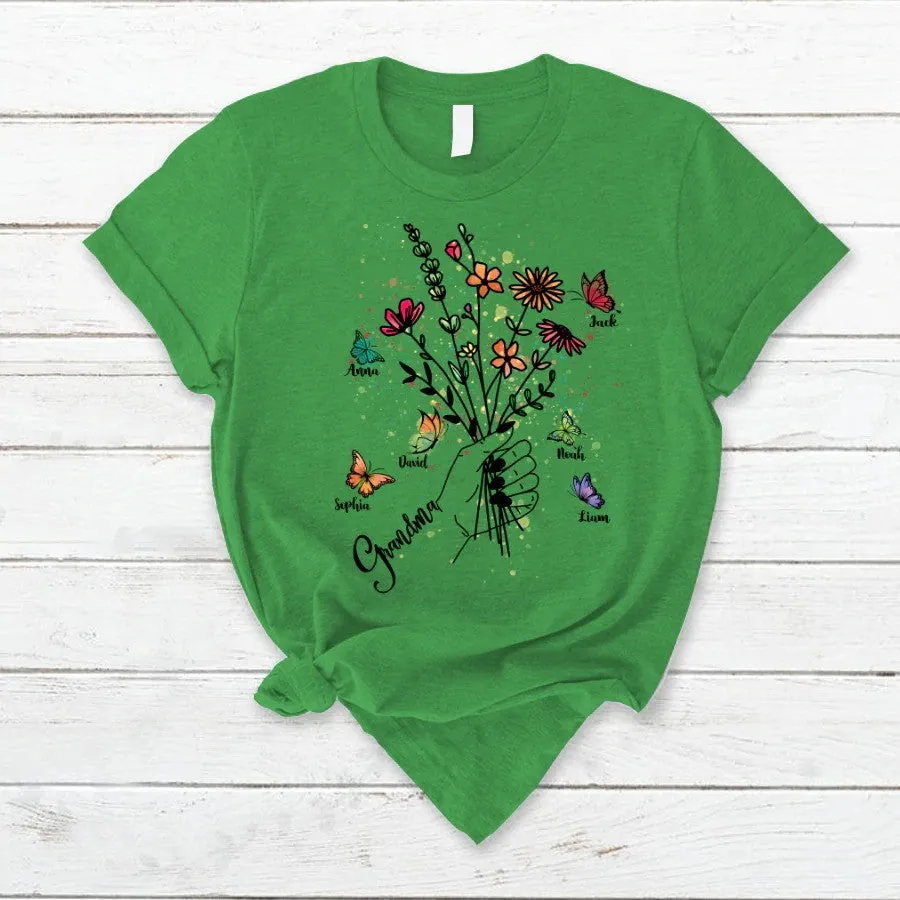 Customized Grandma Hands Holding Flower And Kids, Grandma's Gift T Shirt