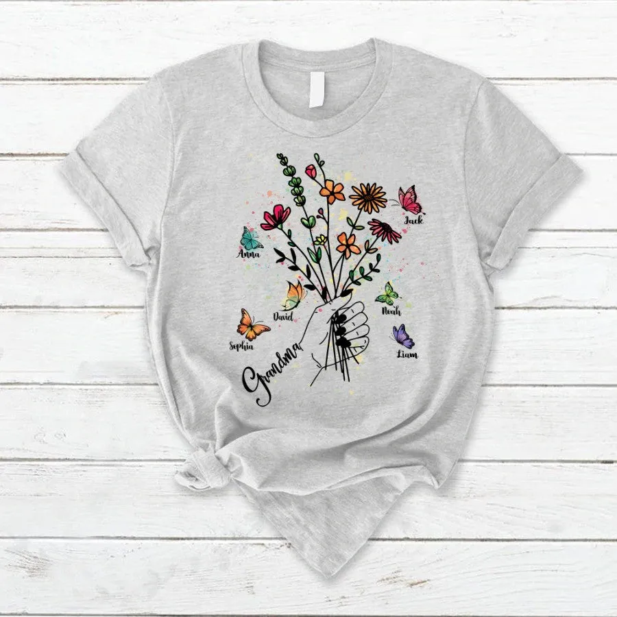 Customized Grandma Hands Holding Flower And Kids, Grandma's Gift T Shirt