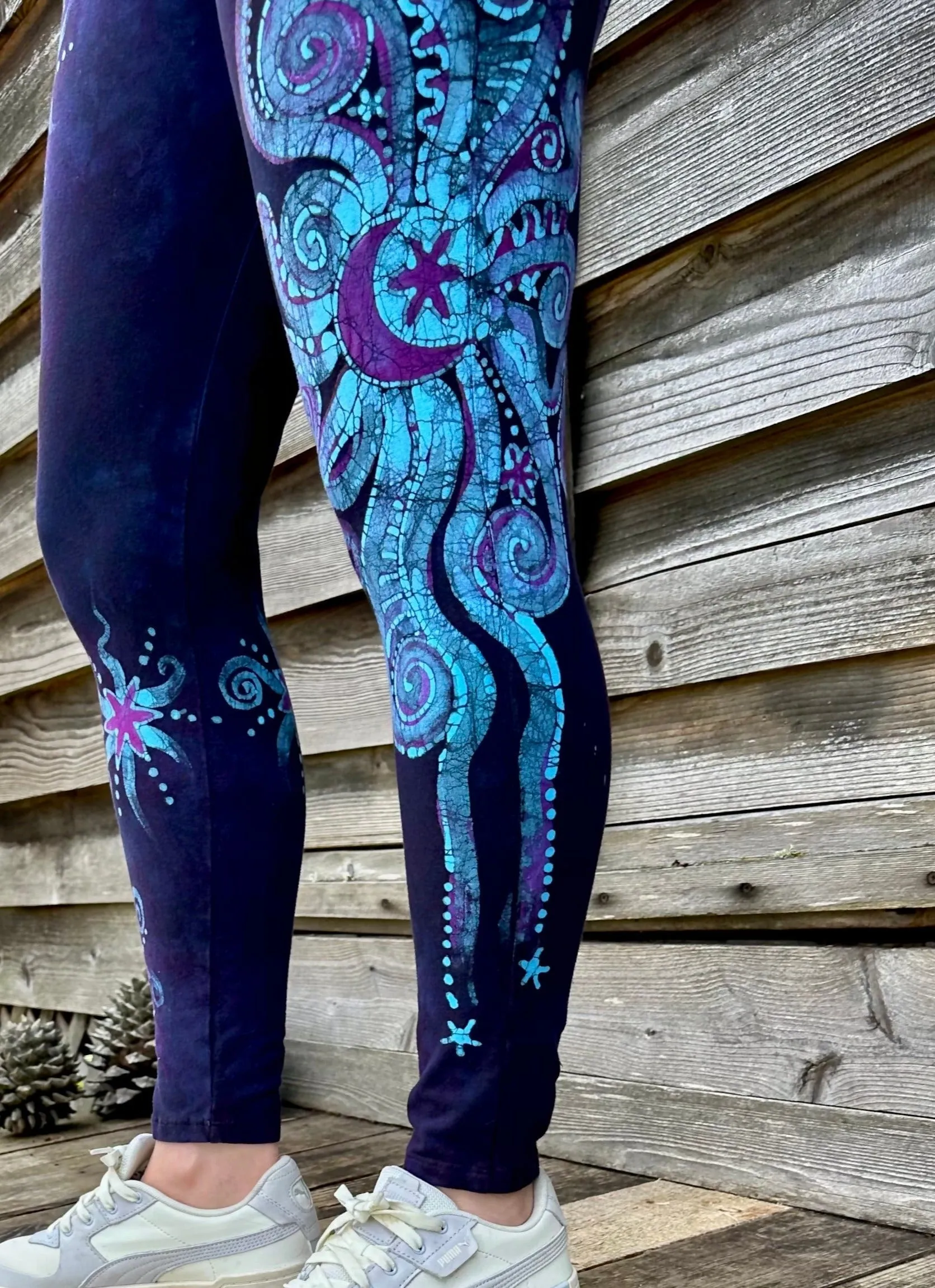 Deep Purple and Turquoise Moon and Star Batik Leggings - Size LARGE