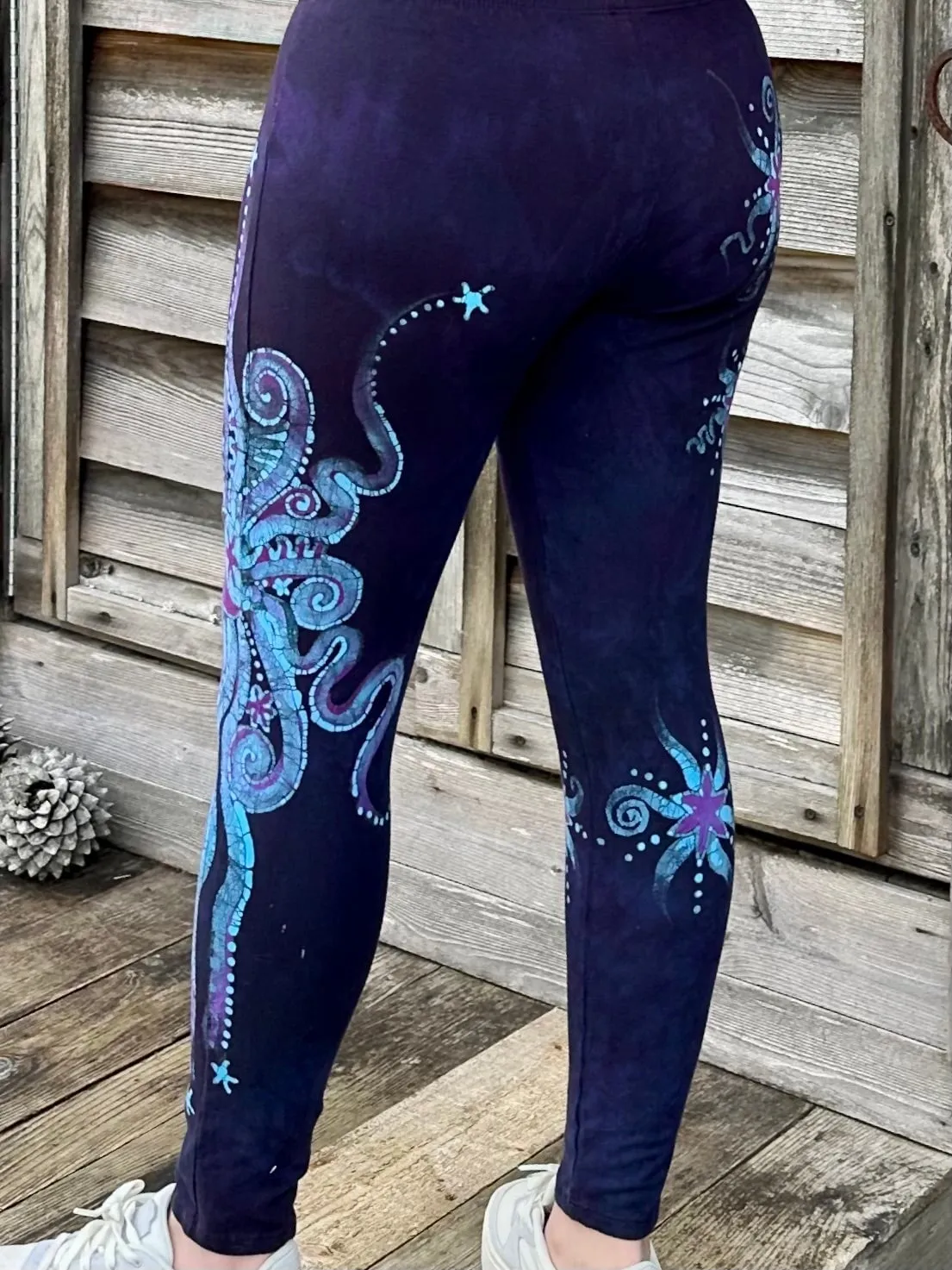 Deep Purple and Turquoise Moon and Star Batik Leggings - Size LARGE