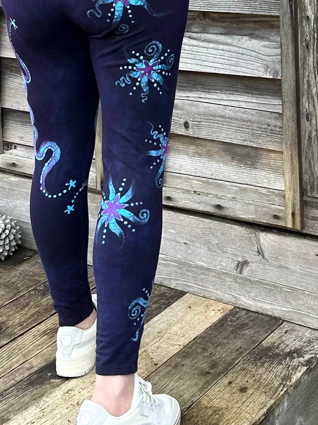 Deep Purple and Turquoise Moon and Star Batik Leggings - Size LARGE