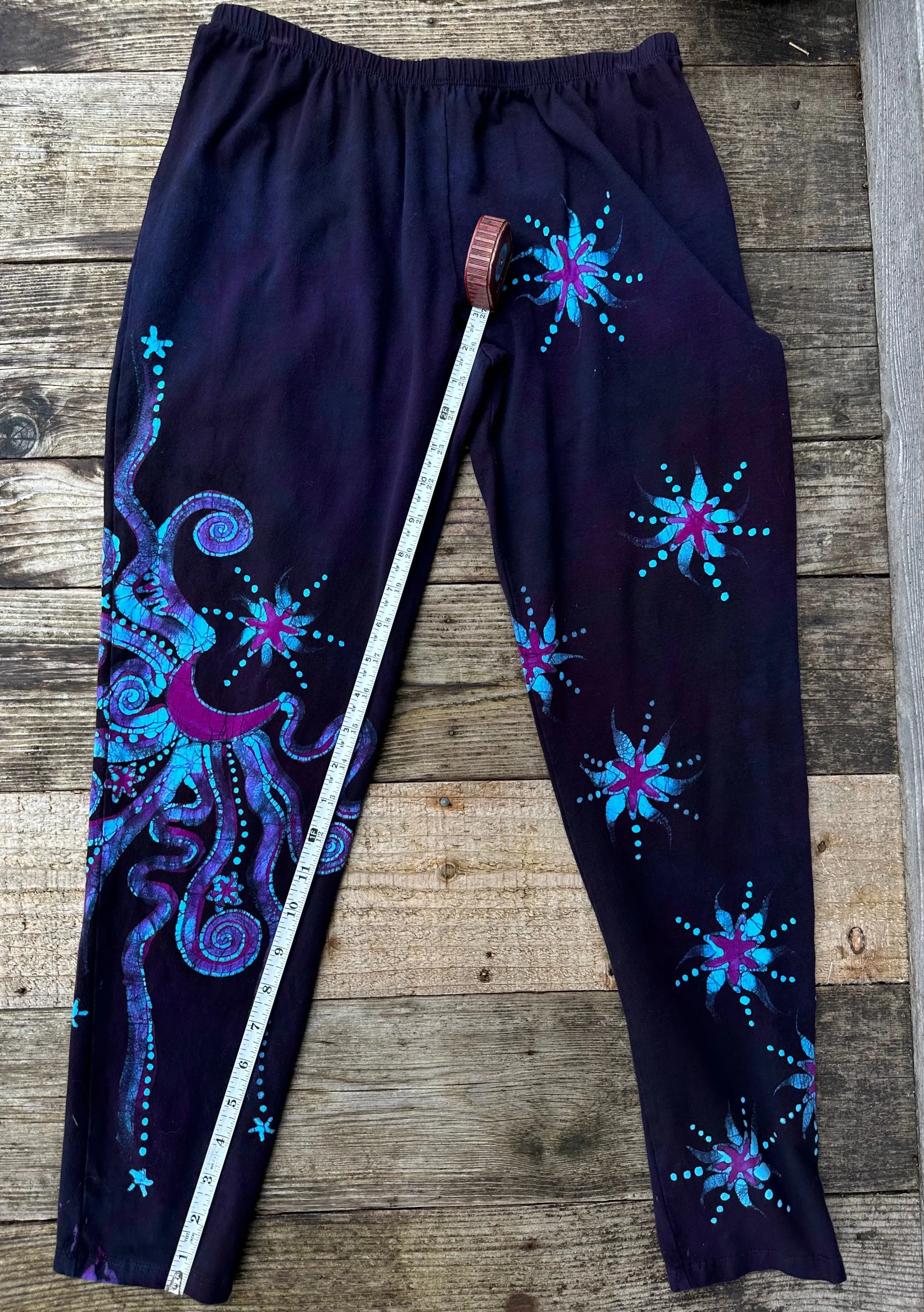 Deep Purple and Turquoise Moon and Star Batik Leggings - Size LARGE