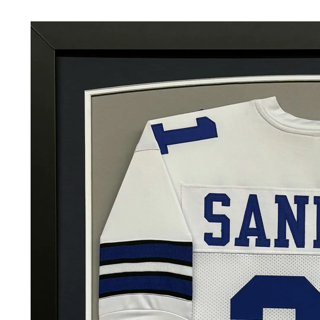 Deion Sanders Signed Dallas White Custom Suede Matte Framed Football Jersey (Beckett)