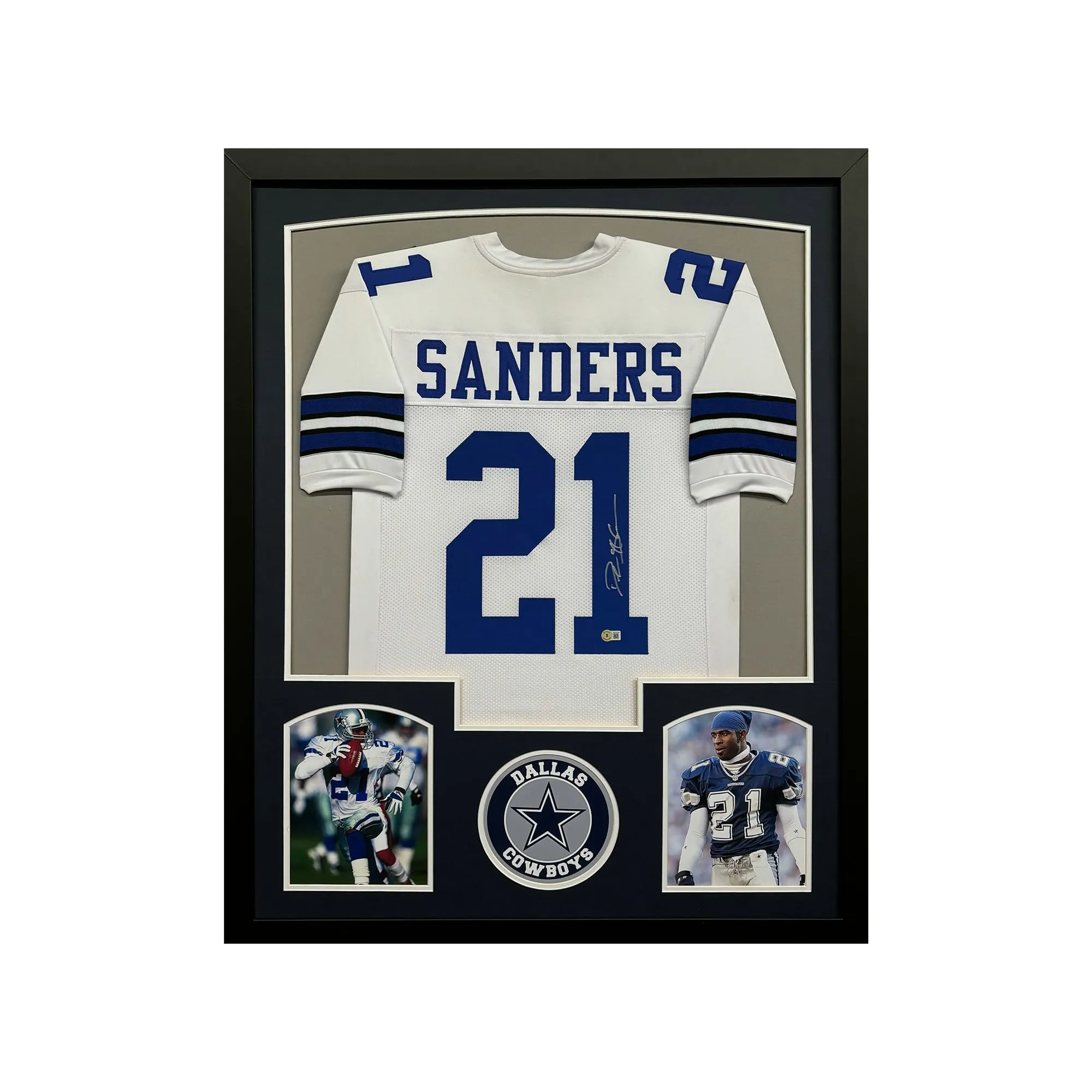 Deion Sanders Signed Dallas White Custom Suede Matte Framed Football Jersey (Beckett)