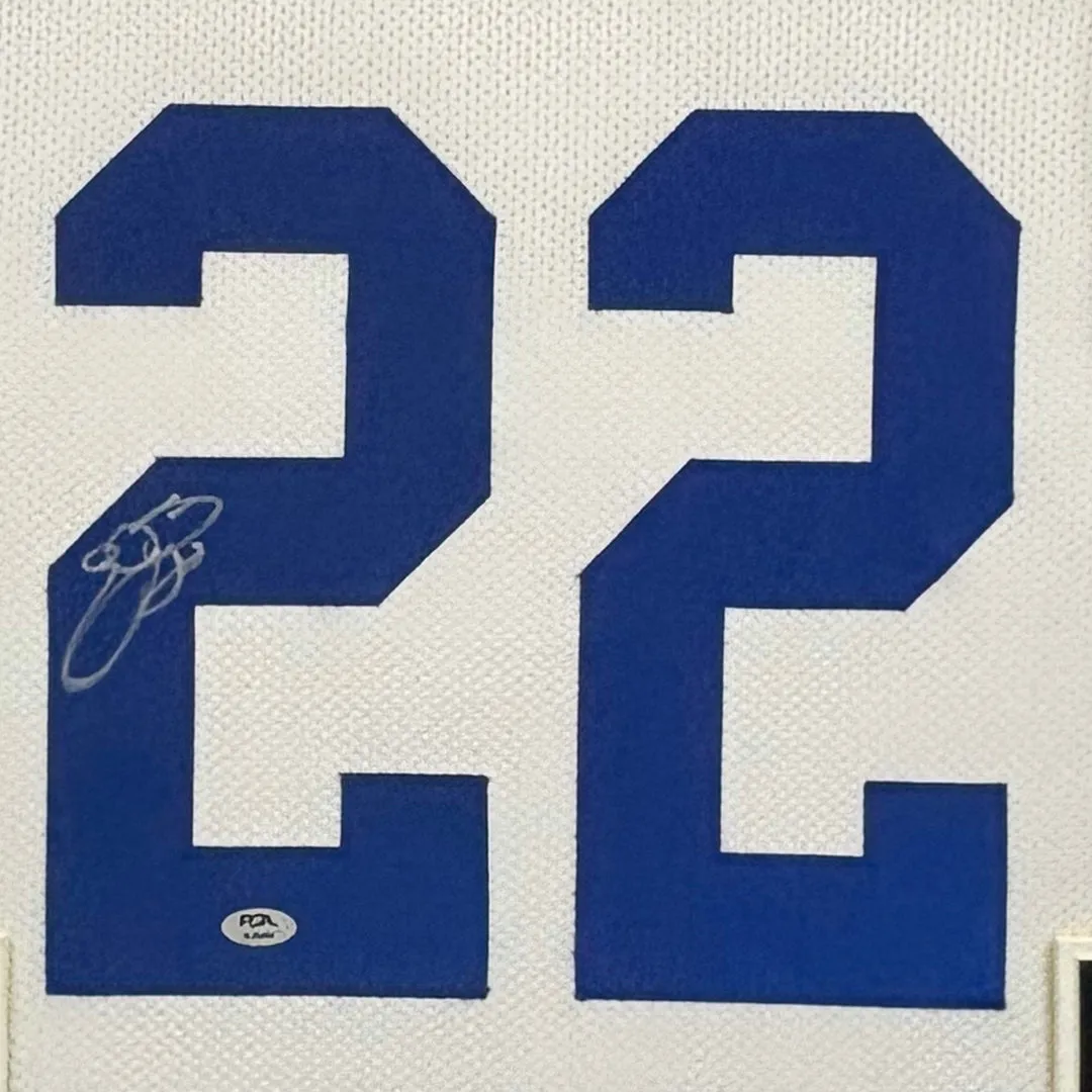 Emmitt Smith Signed Dallas White Stat Custom Suede Matte Framed Football Jersey (PSA)