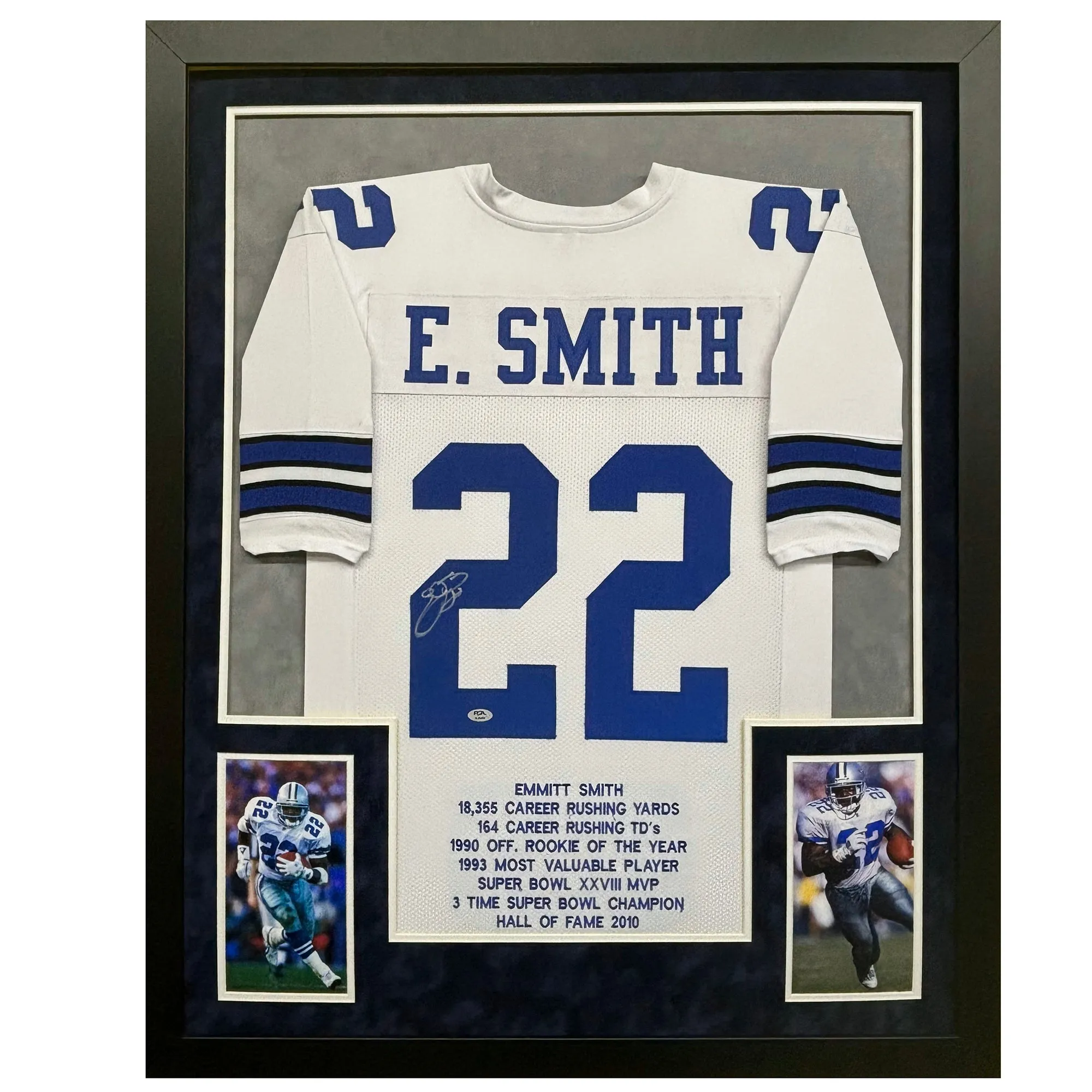 Emmitt Smith Signed Dallas White Stat Custom Suede Matte Framed Football Jersey (PSA)