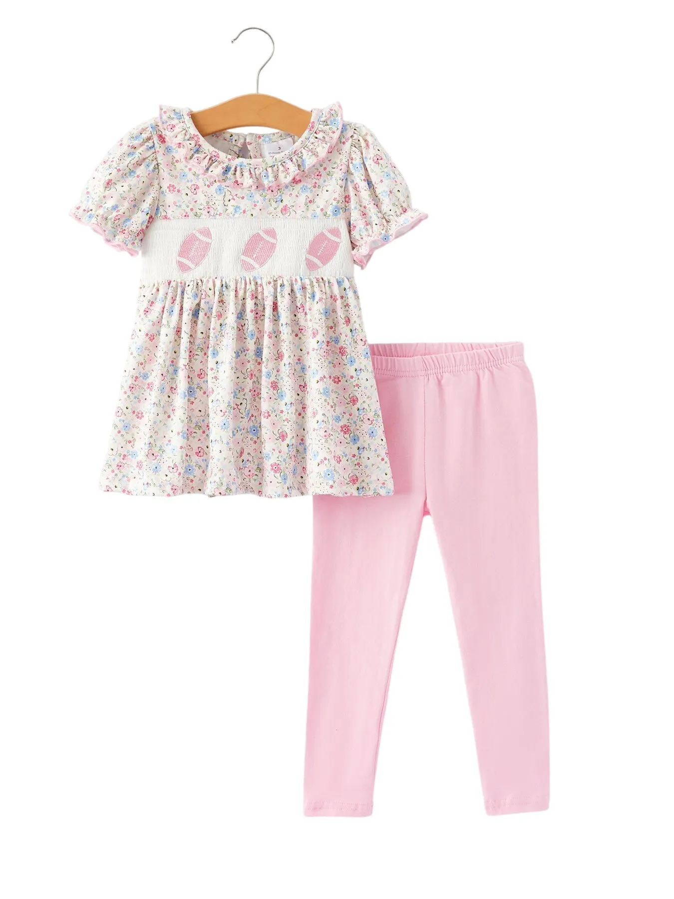 Football Smocking Embroidered Girls Outfit Set