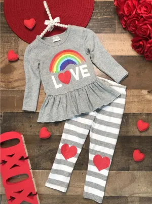 Girls Rainbow "Love" Peplum Top and Striped Heart Legging Set