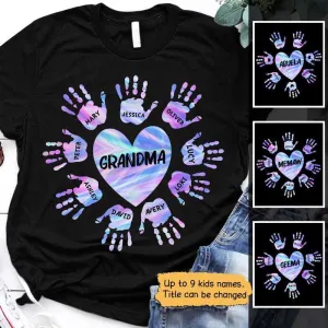 Grandma Mom Heart Hand Print Colorful Personalized Mimi Shirt, Nana Shirt