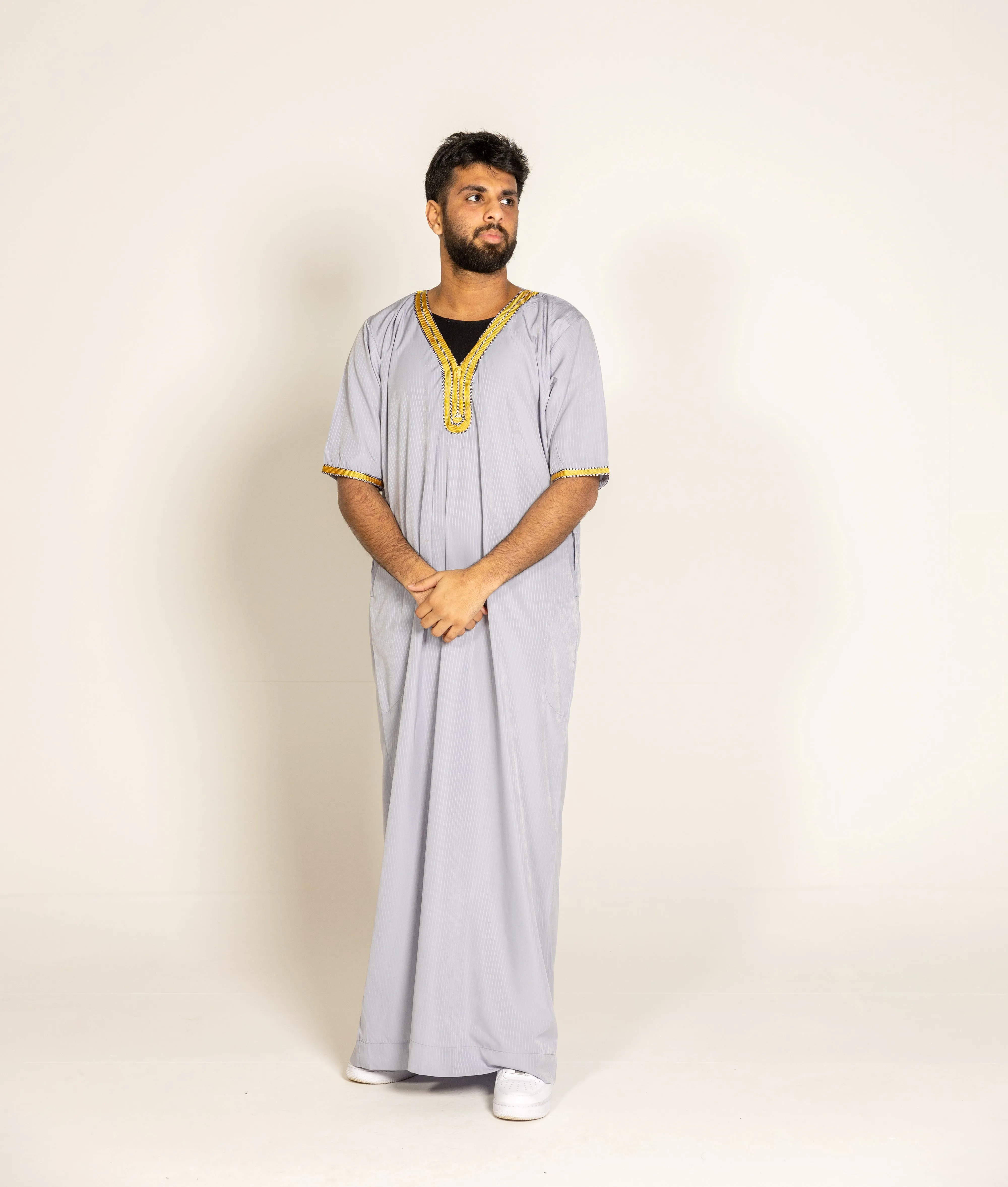 Grey Pinstripe Moroccan Style Half Sleeve Thobe Jubba Relaxed fit Low neck