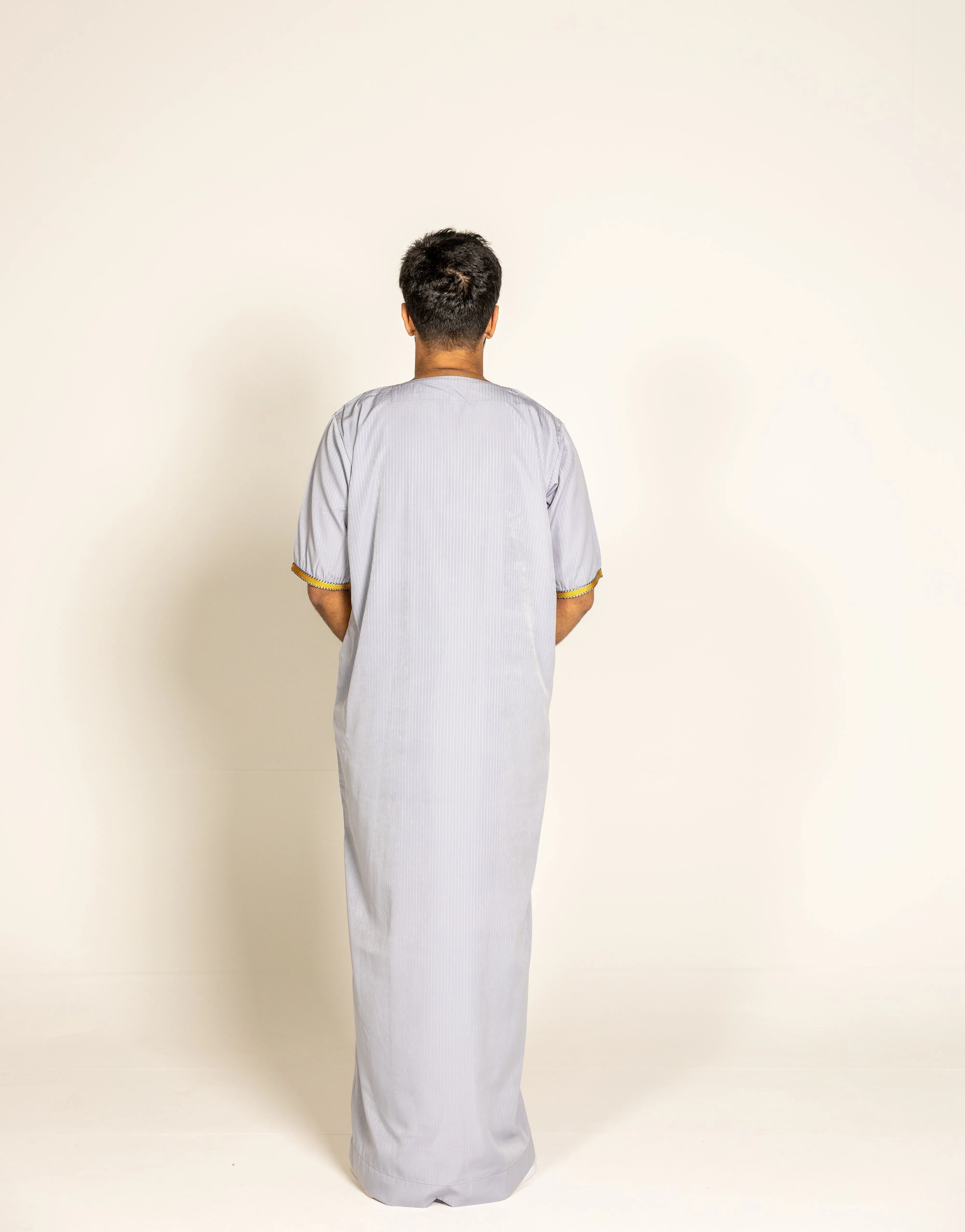 Grey Pinstripe Moroccan Style Half Sleeve Thobe Jubba Relaxed fit Low neck