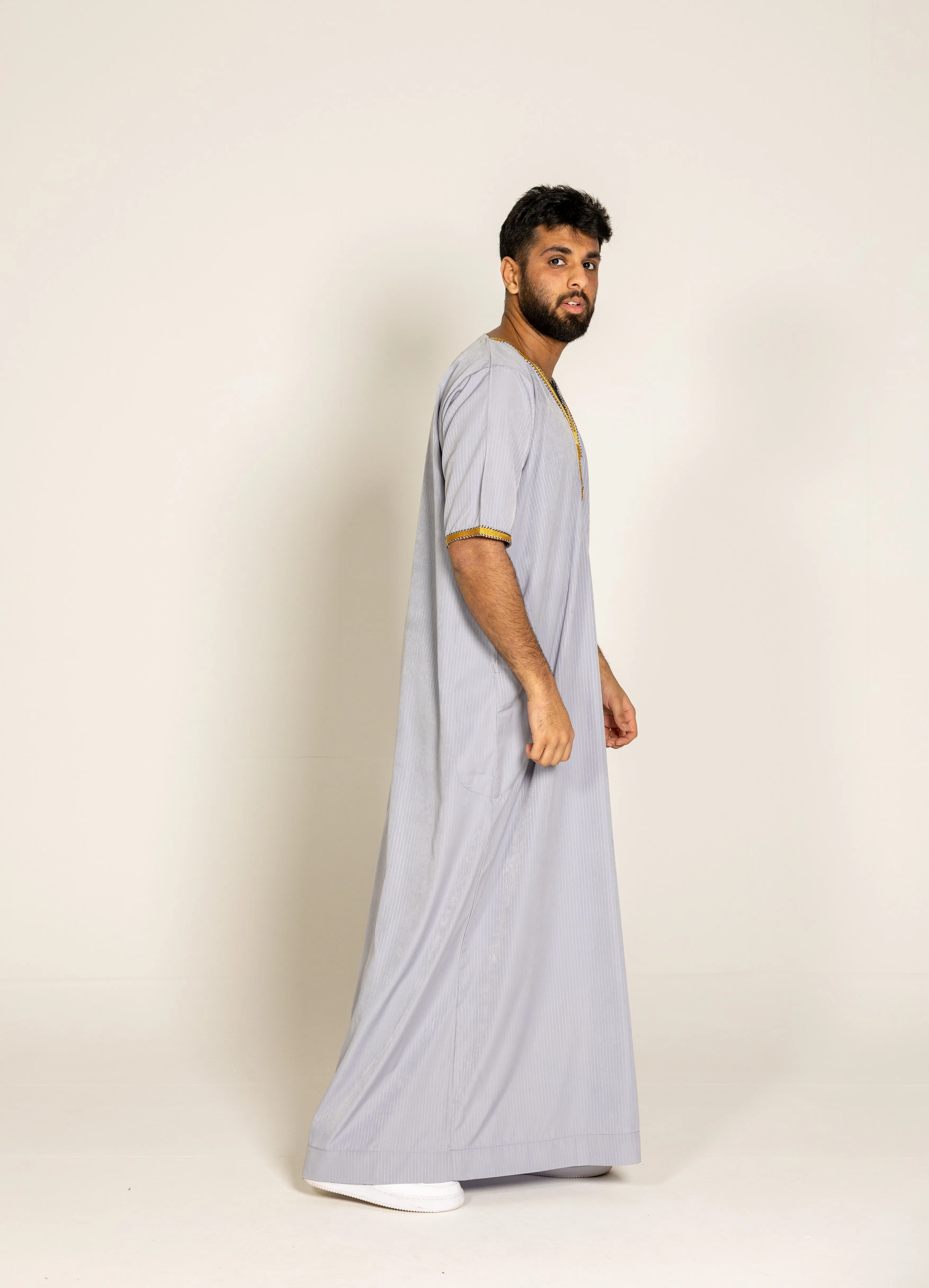 Grey Pinstripe Moroccan Style Half Sleeve Thobe Jubba Relaxed fit Low neck