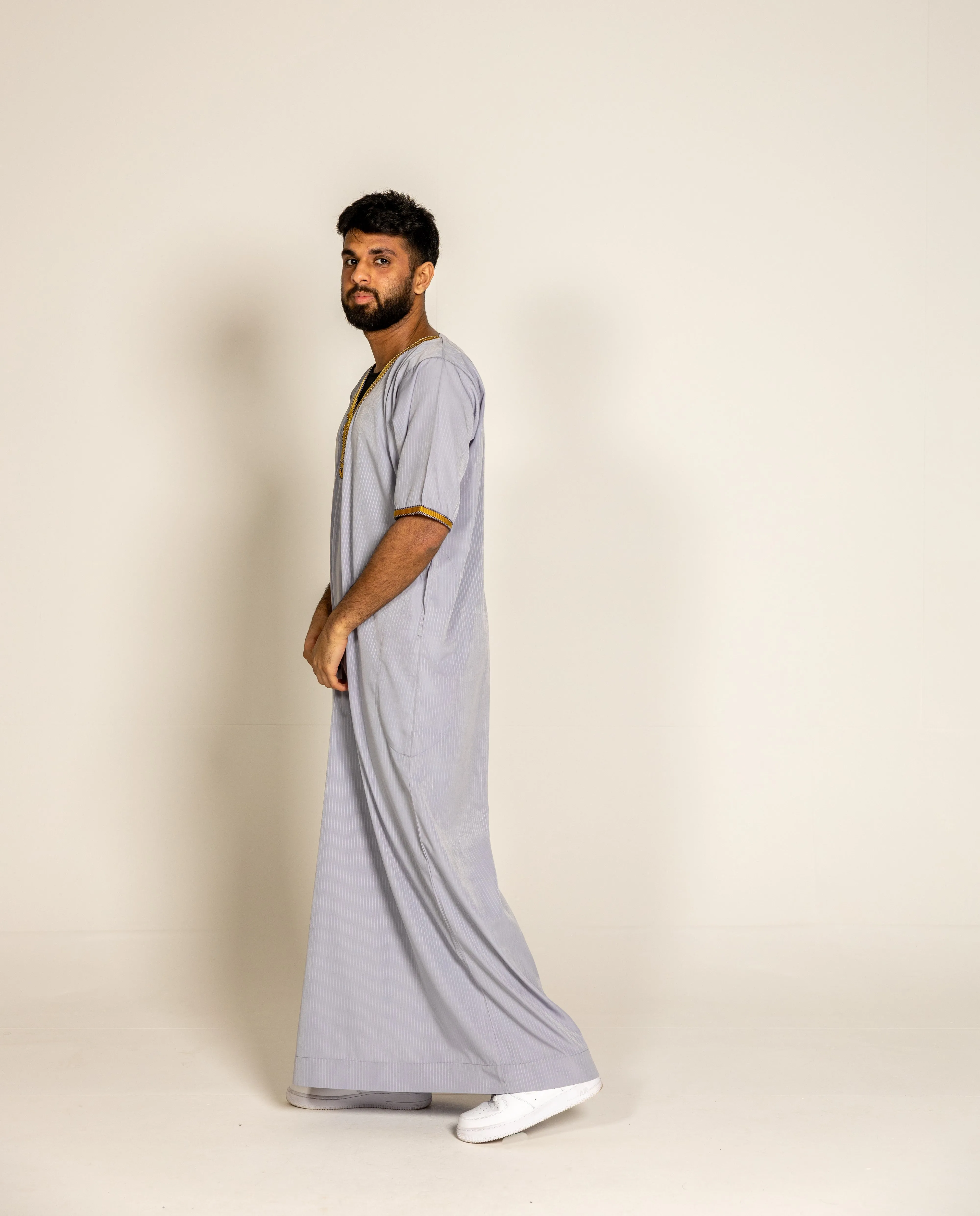 Grey Pinstripe Moroccan Style Half Sleeve Thobe Jubba Relaxed fit Low neck