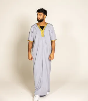 Grey Pinstripe Moroccan Style Half Sleeve Thobe Jubba Relaxed fit Low neck