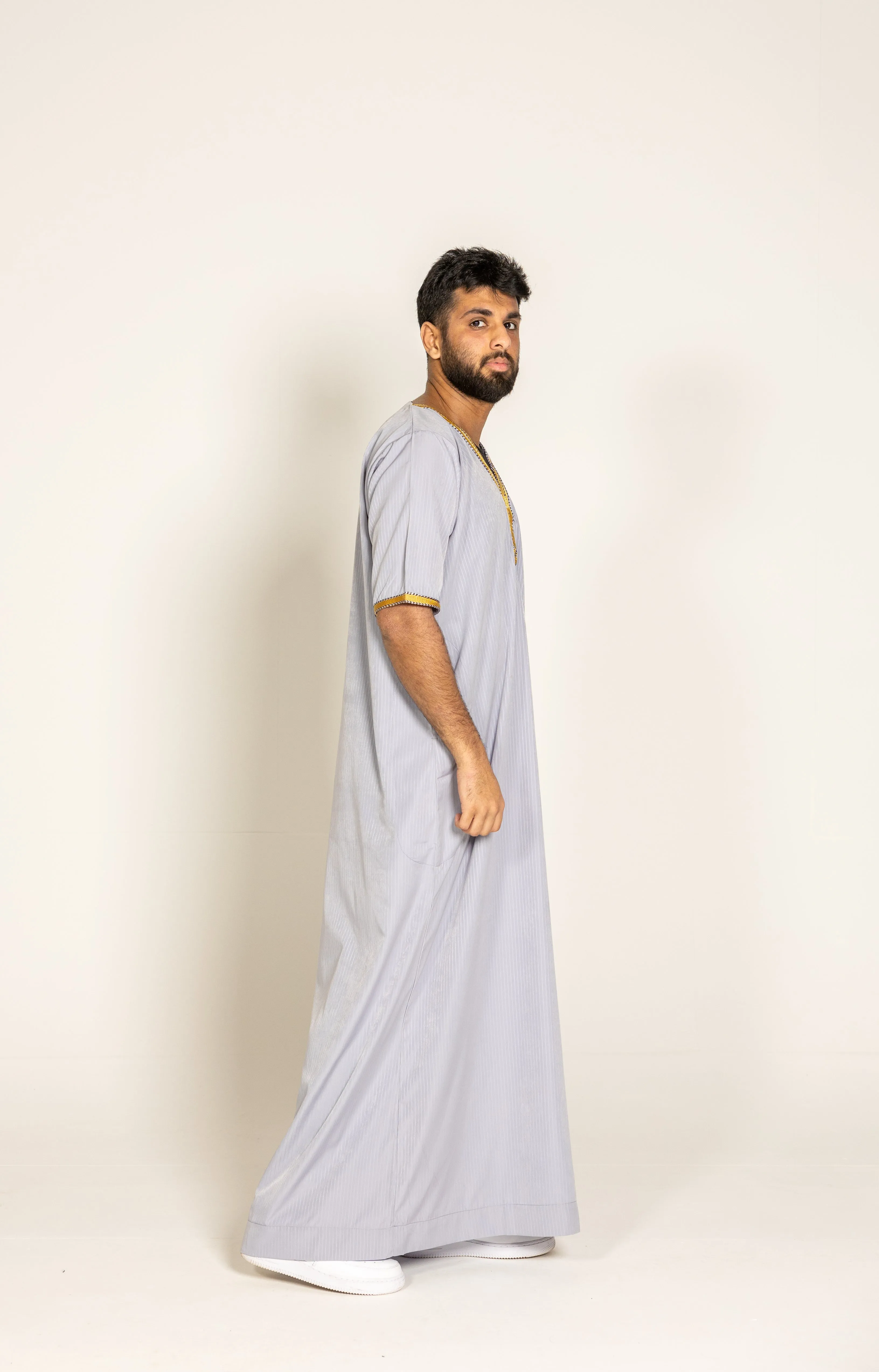 Grey Pinstripe Moroccan Style Half Sleeve Thobe Jubba Relaxed fit Low neck