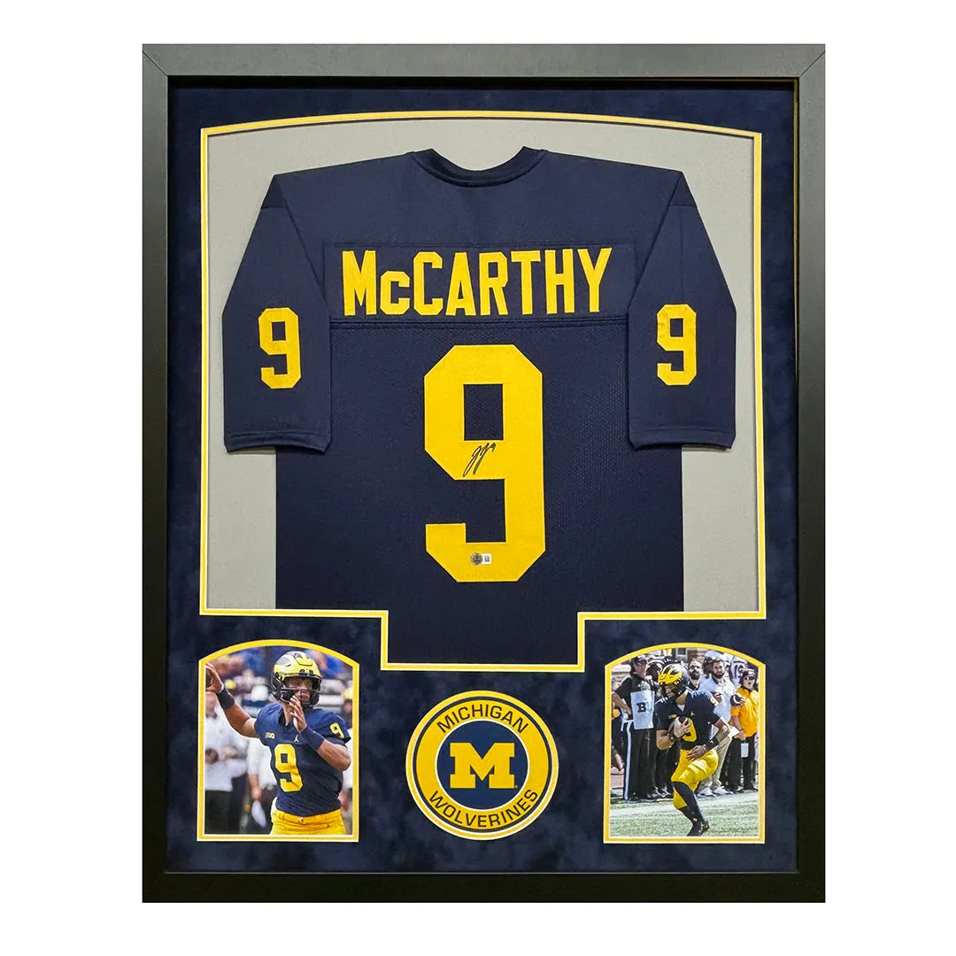 JJ McCarthy Signed Blue Custom Suede Matte Framed Football Jersey (JSA)