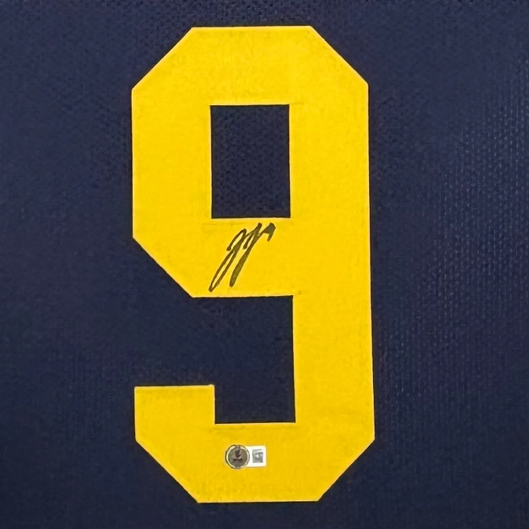 JJ McCarthy Signed Blue Custom Suede Matte Framed Football Jersey (JSA)