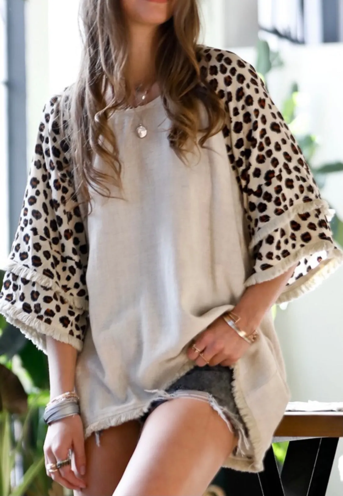 Linen leopard fringe top