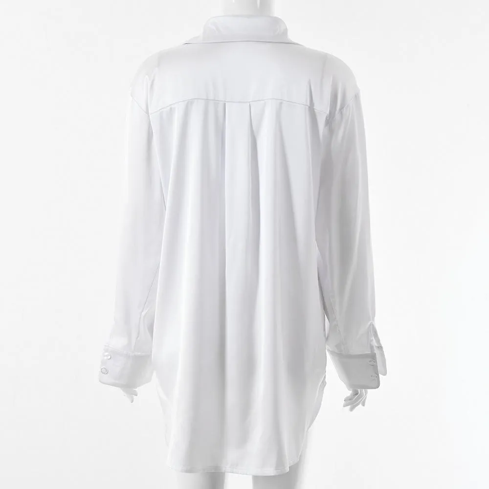 Long Sleeve White Satin Shirt Women Turn-down Collar Loose Blouse