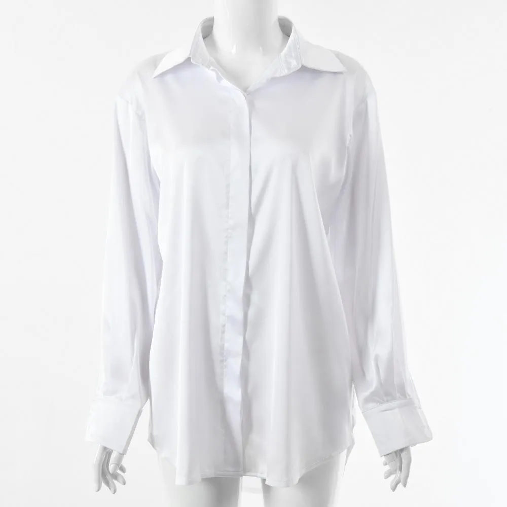 Long Sleeve White Satin Shirt Women Turn-down Collar Loose Blouse