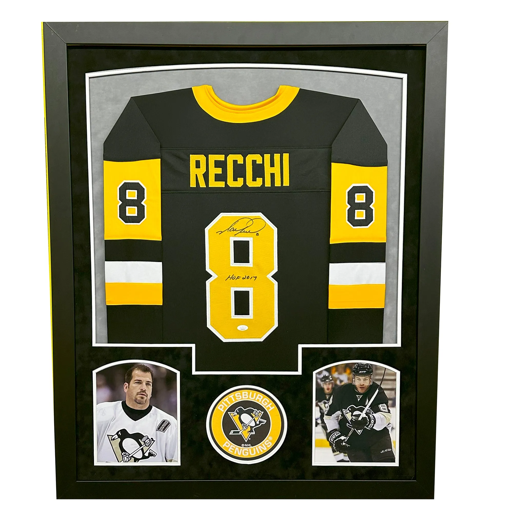 Mark Recchi Signed HOF Pittsburgh Black Custom Suede Matte Framed Hockey Jersey