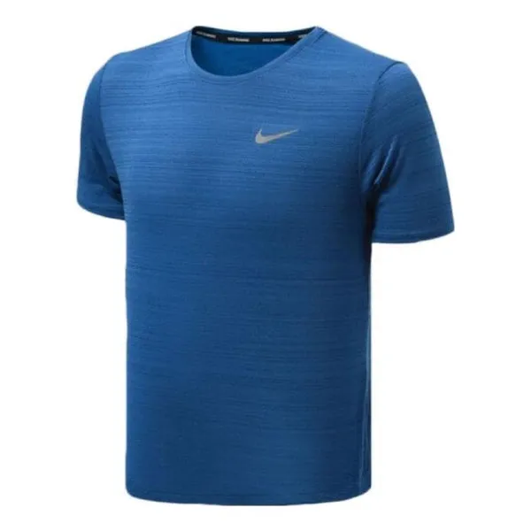 Men's Nike Dri-fit Miler Solid Color Logo Luminous Crew Neck Running Short Sleeve Blue T-Shirt, Blue