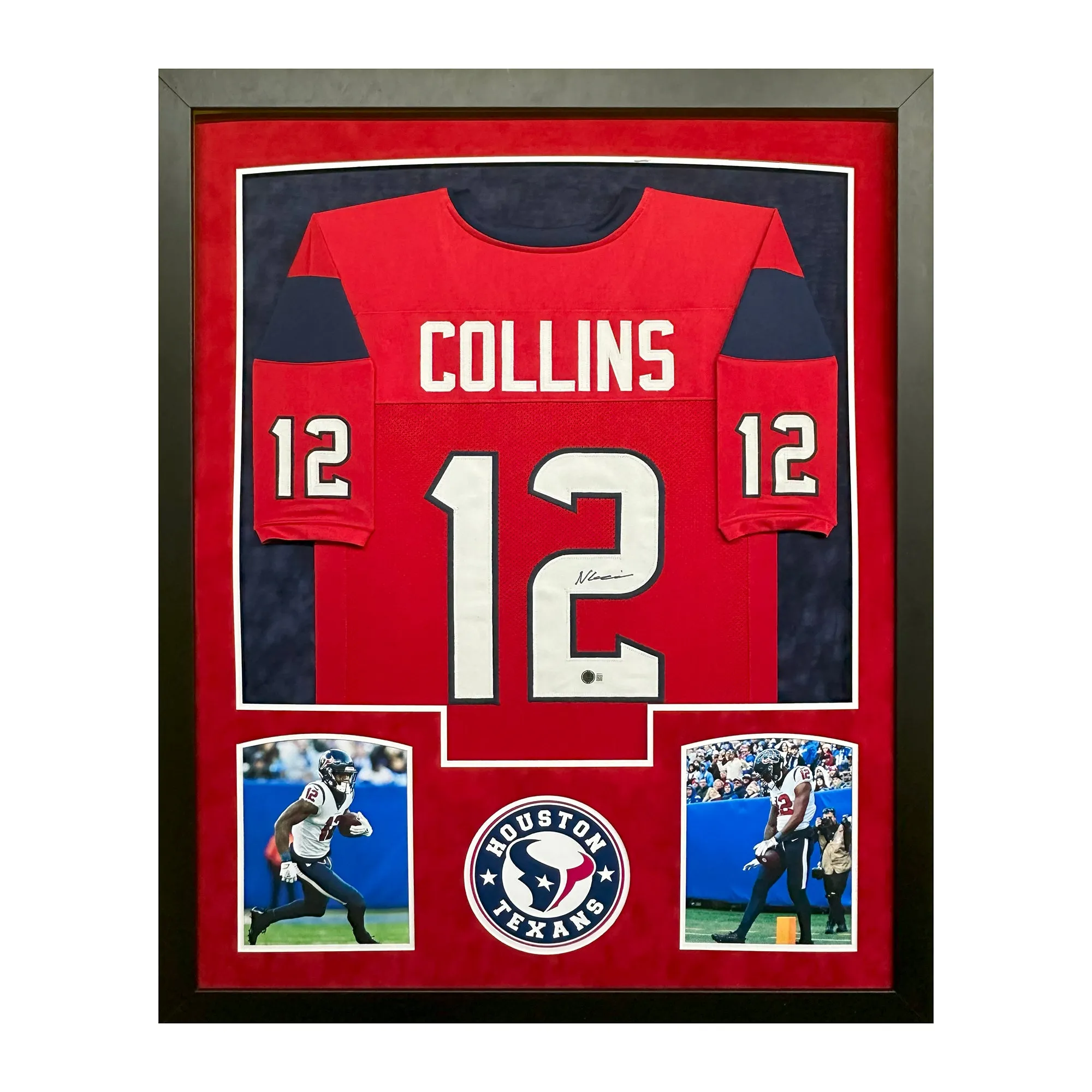 Nico Collins Signed Houston Red Custom Suede Matte Framed Football Jersey