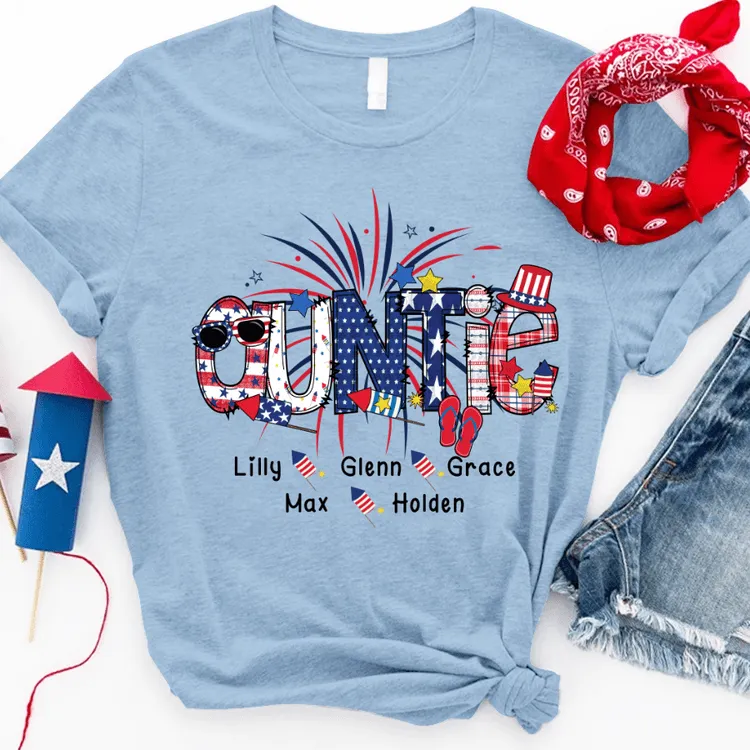 Personalized 4th of July Auntie Shirt, Patriotic Doodle Uncle Shirt for Auntie Day