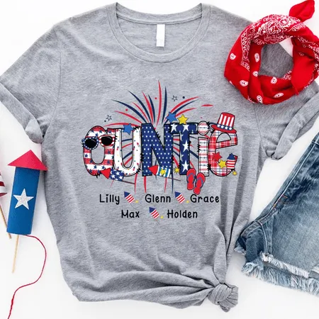 Personalized 4th of July Auntie Shirt, Patriotic Doodle Uncle Shirt for Auntie Day