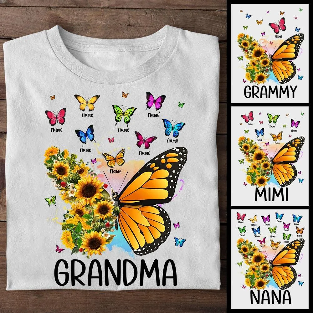 Personalized Butterfly Sunflower Shirt For Grandma - Custom Grandma Nickname With Grandkids Name Shirts