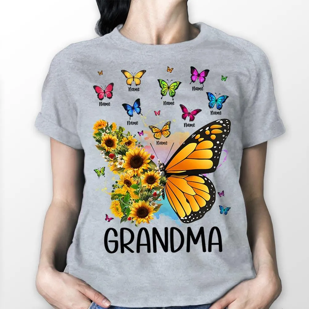 Personalized Butterfly Sunflower Shirt For Grandma - Custom Grandma Nickname With Grandkids Name Shirts