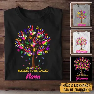 Personalized Colorful Hand Print Tree Blessed to Be Called Grandma Kid Name T-shirt