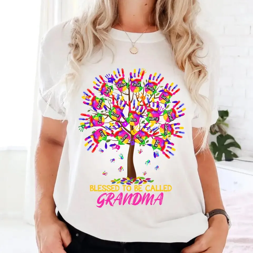 Personalized Colorful Hand Print Tree Blessed to Be Called Grandma Kid Name T-shirt