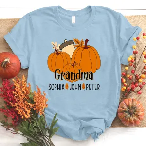 Personalized Fall Pumpkin Grandma and Kids Shirt, Custom Mimi Fall Shirt and Grandkids Names, Mama with Pumpkins Halloween T-Shirt