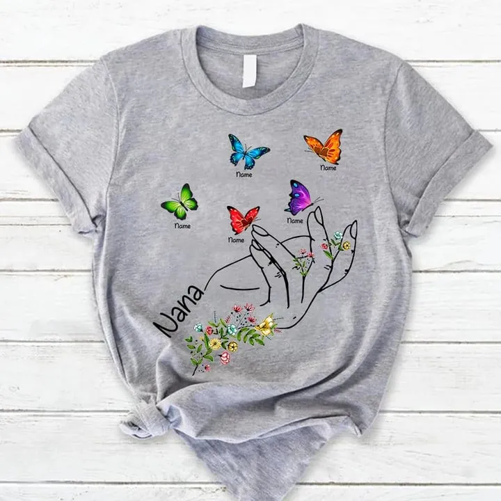 Personalized Grandma Hand Wildflowers And Butterflies Shirts For Grandma, Nana Hand Shirt