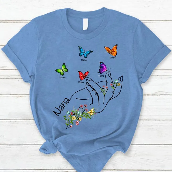 Personalized Grandma Hand Wildflowers And Butterflies Shirts For Grandma, Nana Hand Shirt