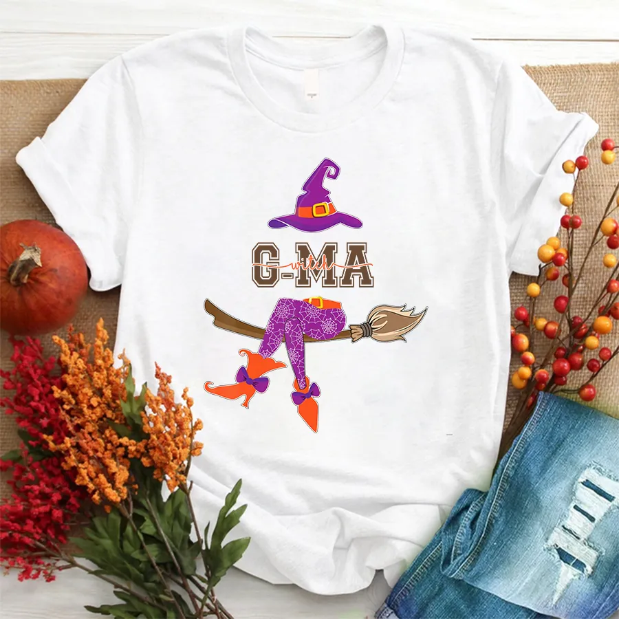 Personalized Grandma Witch Shirt, Custom Grandma Shirt with Grandkids Names, Fall Halloween T - Shirt 1