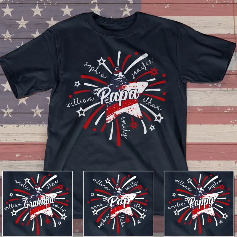 Personalized Grandpa And Kids Firework Star America Flag, 4th July Flag Shirt