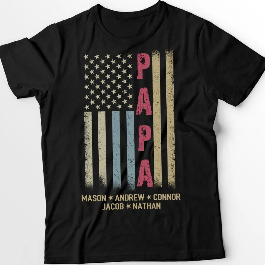 Personalized Grandpa Shirt, Papa Shirt, American flag - Papa With Grandkid Names | T-Shirt